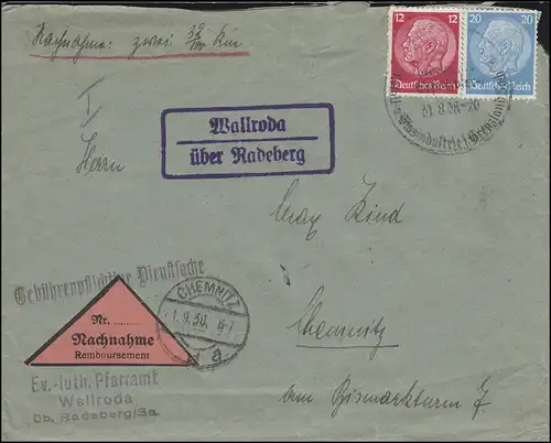Landpost Wallroda über Radeberg auf NN-Brief SSt RADEBERG Exportbier 31.8.38