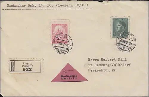 68 Prag + 104 Freimarke NN-R-Brief PRAG / PRAHA 17 - 25.8.42 nach Hamburg