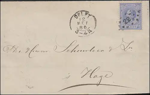 19 Roi Guillaume III 5 C EF sur lettre DELFT 12.5.86 / numéro 22 à La Haye