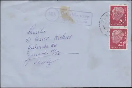 Landpost Durchhausen über Tuttlingen auf Bf. TUTTLINGEN 1.8.54 in die Schweiz