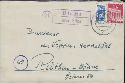 Landpost Bleche über OLPE 7.5.51 auf Brief Bauten 20 Pf mit Notopfer n. Rüthen