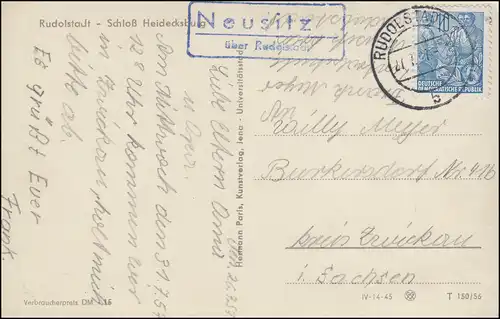 Landpost Neusitz sur RUDOLSTADT 27.7.57 à AK Château de Heidecksburg avec 578
