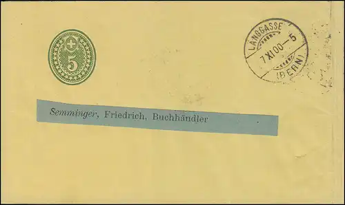 Schweiz Orts-Streifband S 15 Ziffer im Oval 5 C. grün LANGGASSE (BERN) 7.12.00