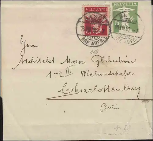 Schweiz Streifband S 26 Tellknabe 5 C. mit Zusatzfr. BASEL 15.8.16 nach Berlin