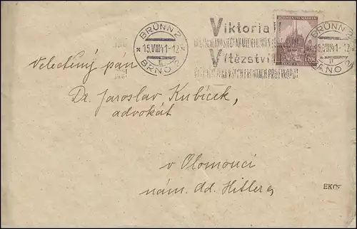 41 Brno 1,20 K en tant que EF sur lettre avec le cachet de Victoria BRünN 15.8.41 n. Olomouci