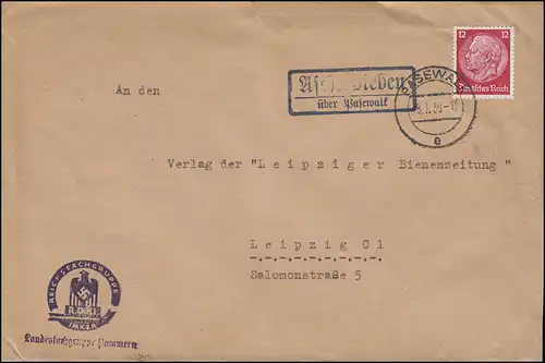 ASCHERSLEBEN PASEWALK 8.7.39 Fachgruppe Imker an Bienenzeitung in Leipzig