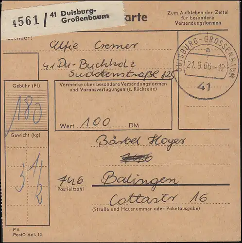 455 Schloss Tegel MeF 12mal Paketkarte DUISBURG-GROSSENBAUM 21.9.66 n. Balingen