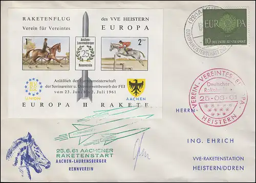 Raketenpost 25.6.61 Achener Reitturnier Brief Vignette Europa-Rakete SSt AACHEN