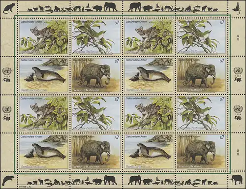 UNO Wien 162-165 Gefährdete Arten II - Fauna 1994, ZD-Bogen **