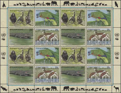 UNO New York 663-666 Gefährdete Arten II - Fauna 1994, ZD-Bogen **