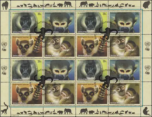 UNO New York 1045-1048 Gefährdete Arten XV - Primaten 2007, ZD-Bogen ESSt