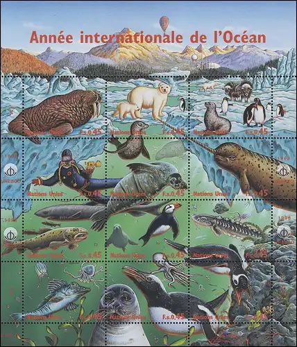 UNO Genf 334-345 Jahr des Ozeans: Fauna der Polarmeere 1998, ZD-Bogen **