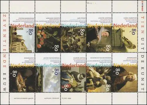 1720-1729 Niederländische Gemälde 1999 - Kleinbogen, postfrisch **