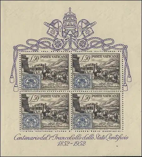 Block 1 Vatikan: Briefmarkenausgabe des Kirchenstaates 1852-1952, postfrisch **