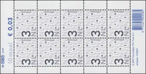 2482 Freimarke 3 Cent 2006 (2x5 Marken), RaTdr. - Kleinbogen I, postfrisch **