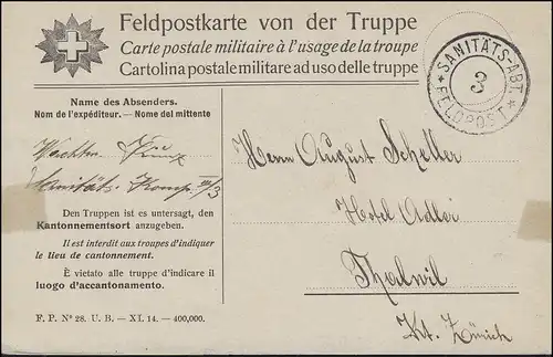 Schweiz Feldpostkarte von der Truppe SANITÄTS-ABT. 3 FELDPOST um 1914/1915