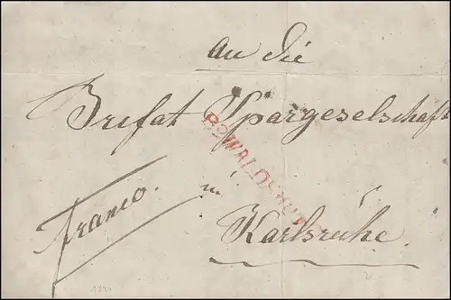 Baden Vorphilatelie Brief von 1844 mit Einzeiler rot R2 WALDSHUT nach Karlsruhe