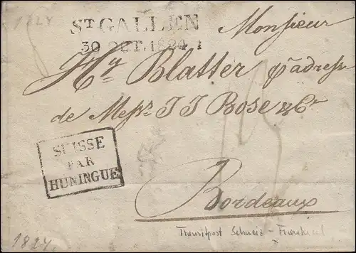 Vorphilatelie Schweiz Brief Zweizeiler ST. GALLEN 30.10.1824 mit Transitstempel