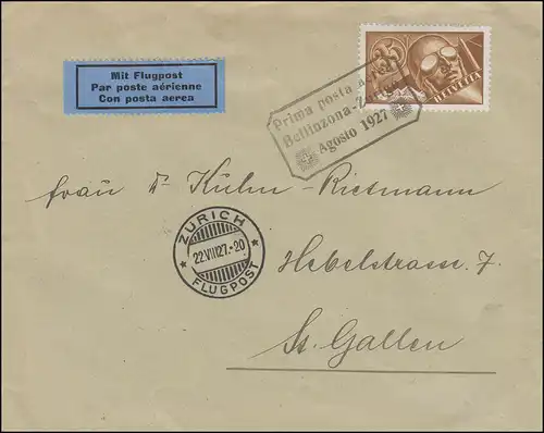 Flugpost Prima post aerea Bellinzona-Zurige Agosto 1927 Brief ZÜRICH 22.8.1927