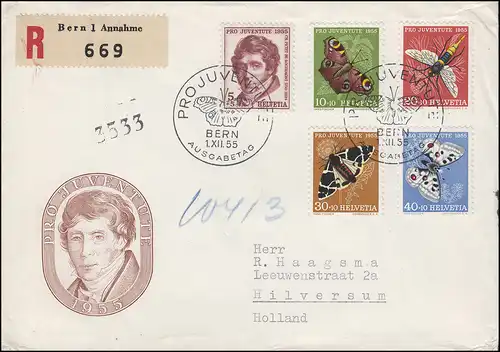 618-622 Pro Juventute Insekten 1955 Schmuck-FDC ESSt BERN 1.12.55 nach Holland