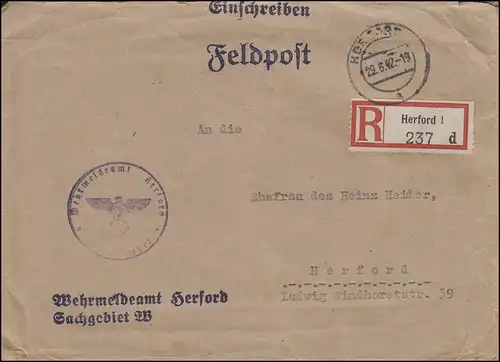 Feldpost Orts-Einschreiben Wehrmeldeamt HERFORD 1 a - 29.6.1942