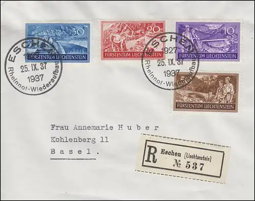 152-155 Arbeitsbeschaffung 1937 R-Brief SSt ESCHEN Rheinnot-Wiederaufbau 25.9.37