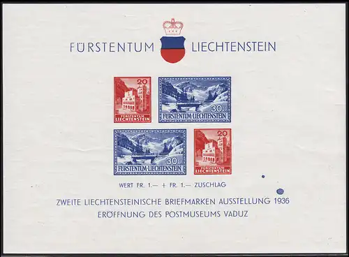 Liechtenstein Block 2 Vaduz 1936 mit auffälligem Farbpunkt über 1936, selten, **