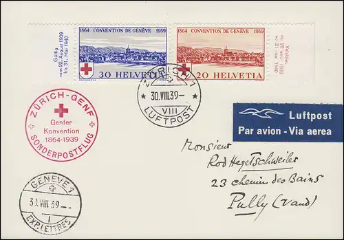 Sonderpostflug Zürich-Genf mit 357-358 Rotes Kreuz ZÜRICH 30.8.39 / GENF 30.8.39