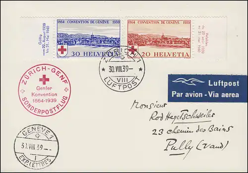 Vol postal spécial Zurich-Genève avec 357-358 Croix rouge ZÜRICH 30.8.39 / GENF 30/08/39