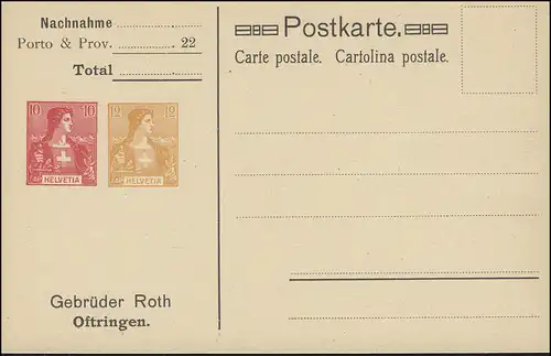 Schweiz Privatpostkarte Helvetia 10 C. und 12 C. Gebrüder Roth / Oftringen, **