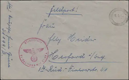 Feldpost PF 21199/B mit Briefstempel und Tarnstempel 8.3.43
