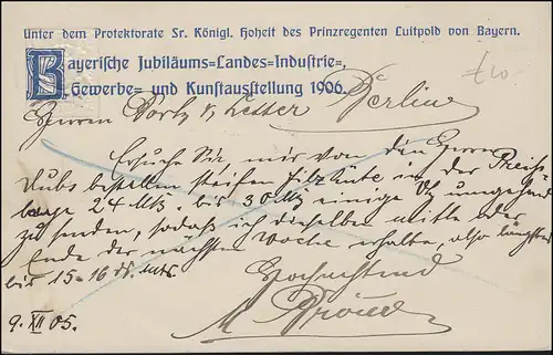 Bayern PP 15 Jubiläums-Landes-Ausstellung 1906, NÜRNBERG 15.12.1905 nach Berlin