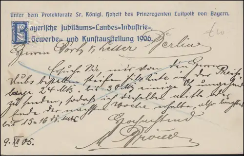 Bayern PP 15 Jubilé-Landes-Salon 1906, NÜRNBERG 15.12.1905 vers Berlin