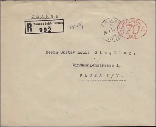 Suisse R-Lettre ZÜRICH 1 - 25.1.30 avec cachet de Porto 801 Oval 70 n. Pausa/V.