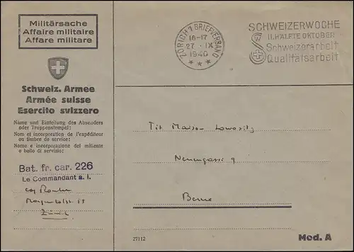 Poste militaire suisse Bat. fr. car. 226 Affaire militaire Publicité-O ZÜRICH 27.9.1940