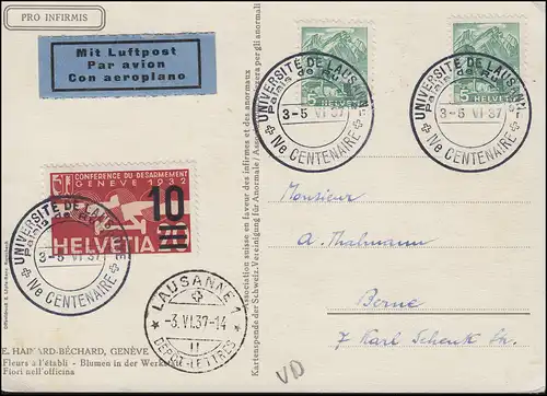 310 Flugpost Aufdruck mit 2mal 298 Lp-AK Blumen UNIVERSITE DE LAUSANNE 3.6.1937