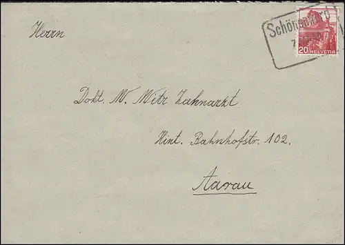 310 marque libre 20 C EF sur lettre Stamp de cadre Schönenwerd 7.1.1949 selon Aarau