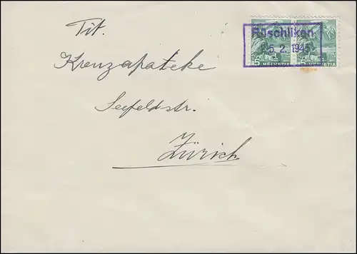 298 Freimarke 5 C MeF auf Brief Rahmenstempel Rüschliken 25.2.1945 nach Zürich