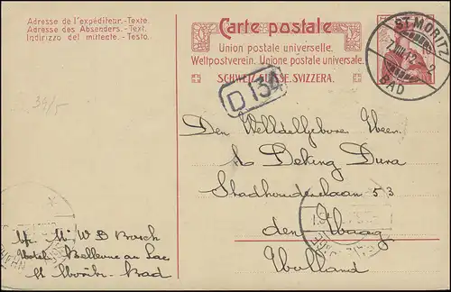 Schweiz Postkarte P 66 Helvetia 10 C. BAD ST. MORITZ 7.8.12 nach s'Gravenhage