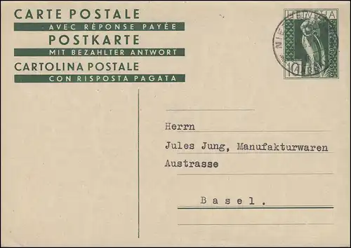 Schweiz Postkarte P 142 Mater Fluviorum als Privatpostkarte NIEDERLENZ 26.6.1933