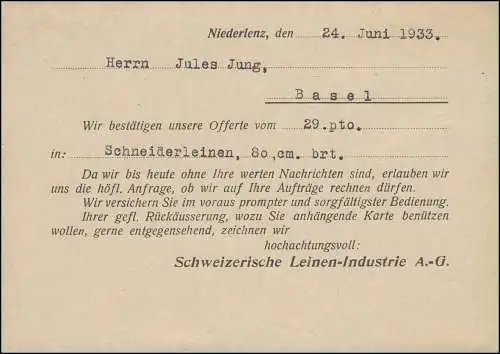 Suisse Carte postale P 142 Mater Fluviorum comme carte postale privée NIEDERLENZ 26.6.1933