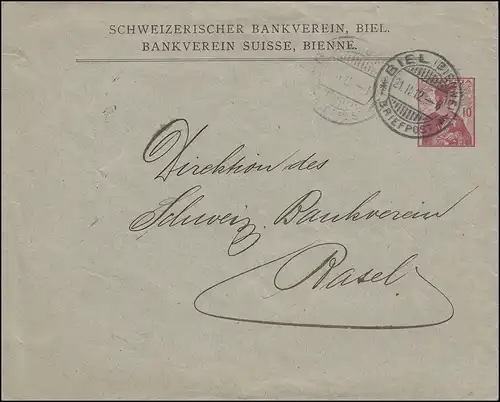 Schweiz Privatumschlag Helvetia 10 C rot Bankverein Suisse BIEL / BIENNE 21.2.12