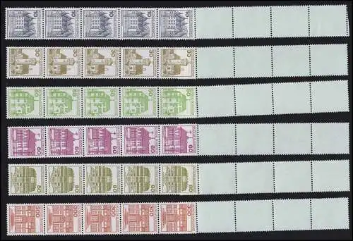 913 ff BuS Letterset 6 Werte, je ein 5er-Rollenende grautürkis mit Nr. 005, **