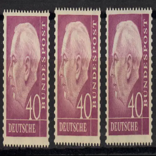 188 Heuss 40 Pf. in drei verschiedenen Farbvarianten, Set postfrisch **