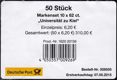 FB 48 Universität Kiel, BANDEROLE ohne DHL-Code für 50 Markensets