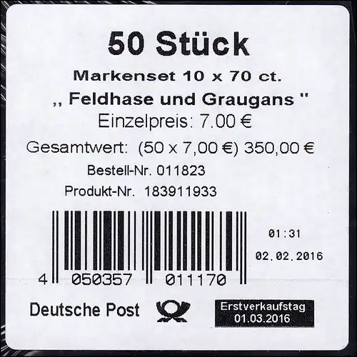 FB 55 Enfants d'animaux Graugans & Feldhase, BANDEROLE feuille pour 50 jeux de marques