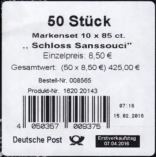 FB 56 Schloss Sanssouci, Folienblatt-BANDEROLE OHNE DHL-Code
