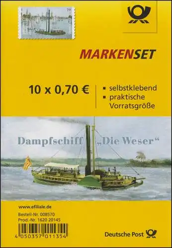 FB 62 Dampfschiff Die Weser 2017, Folienblatt mit 10x3279, **