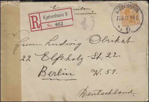 Post de censure Danemark vers l'Allemagne EF 72 R-Bf. COPENHAGEN 28.8.17: Droit de la guerre