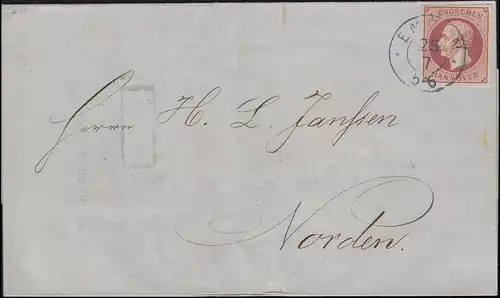 Hannover 14 König Georg V. 1 Groschen EF Brief EMDEN 25.7.1862 nach NORDEN 25.7.